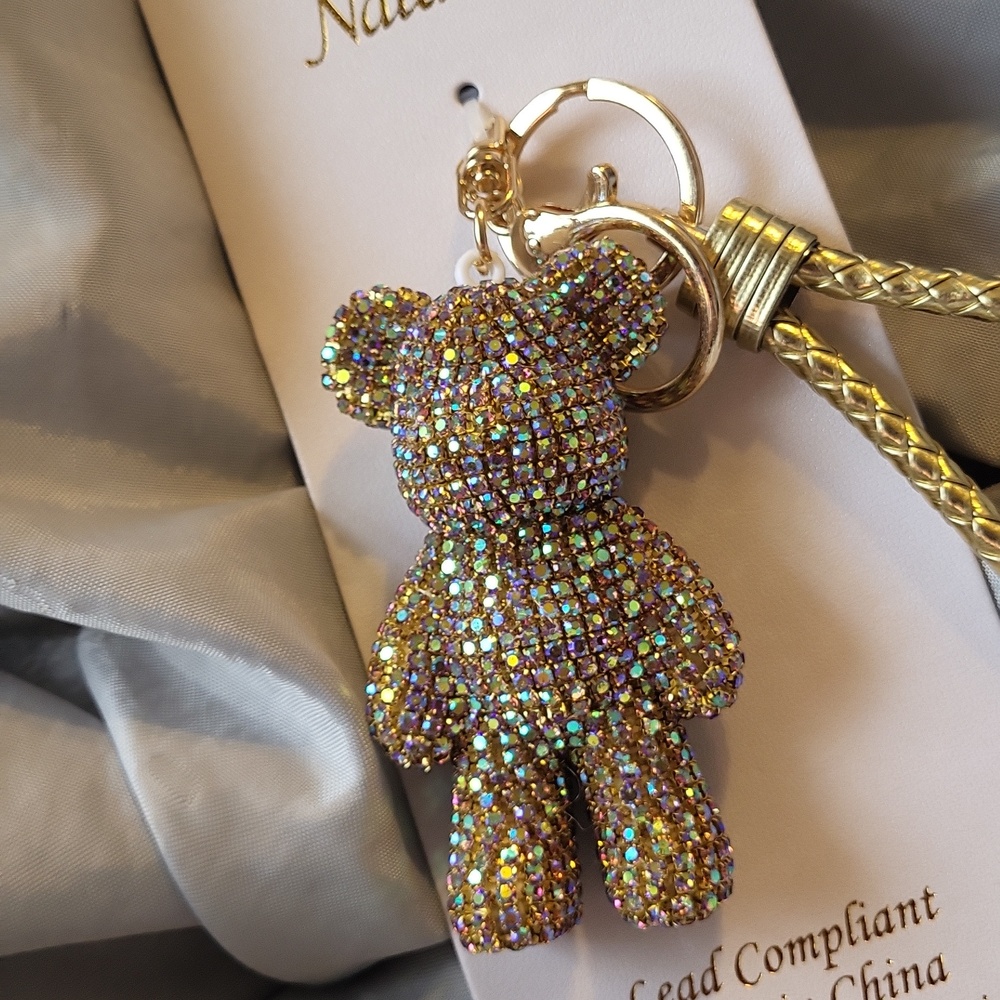 Natasha Gold Crystal Teddy Bear Keychain Bag Charm Wristlet Brand New Rt Lp m - Picture 3 of 4